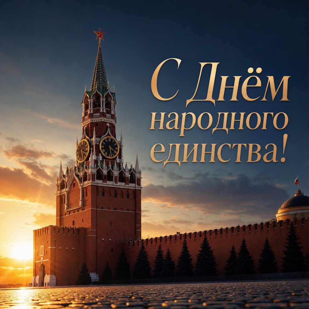 Кинематографичная открытка ко Дню народного единства с Кремлёвской башней и рассветным светом.