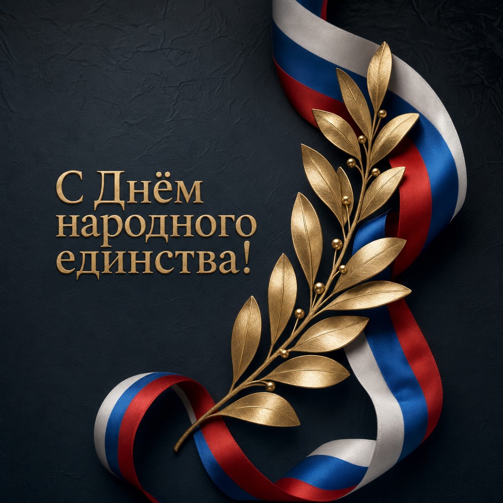 Стильная открытка ко Дню народного единства с золотой лавровой ветвью и триколорной лентой.