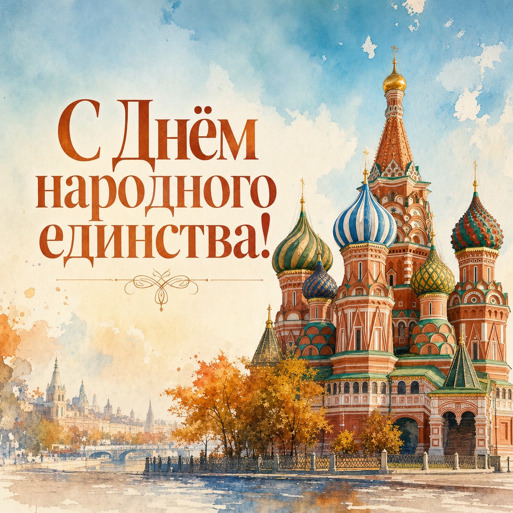 Тёплая акварельная открытка ко Дню народного единства с узнаваемым Покровским собором.