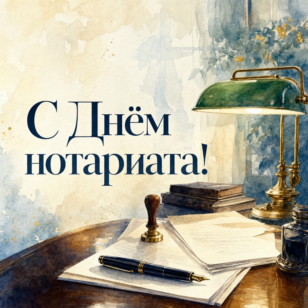 Акварельная открытка на День нотариата с уютным рабочим столом нотариуса, лампой и документами.