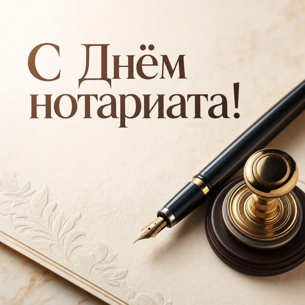 Премиальная открытка на День нотариата с перьевой ручкой, печатью и строгой золотой палитрой.