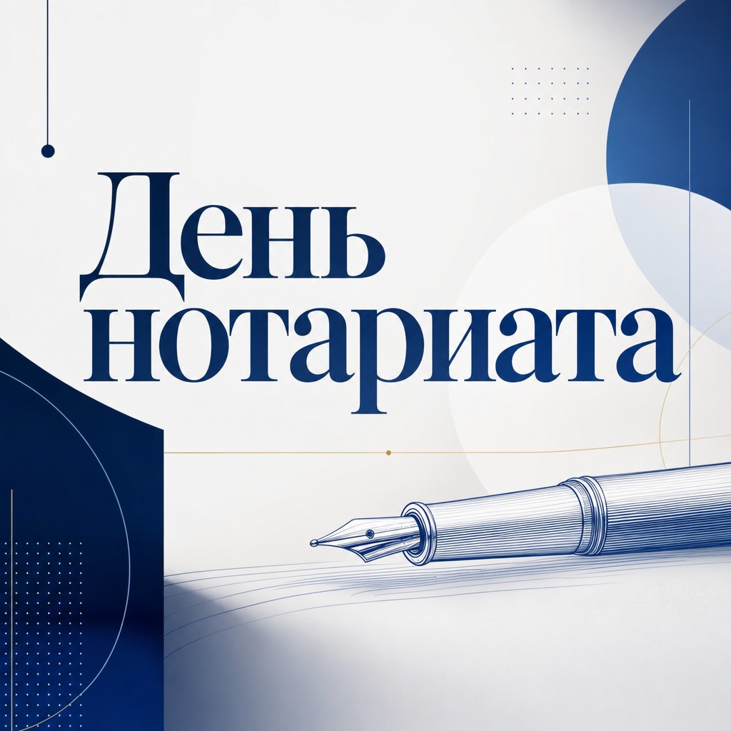 Современная открытка на День нотариата с чистой типографикой, кобальтовыми акцентами и пером.