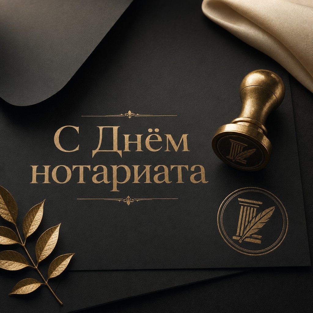 Стильная открытка на День нотариата с золотой нотариальной печатью на чёрной фактурной бумаге.
