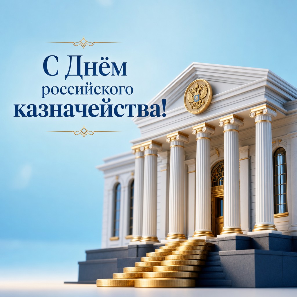 Современная 3D открытка ко Дню образования российского казначейства с казначейским зданием и монетами.