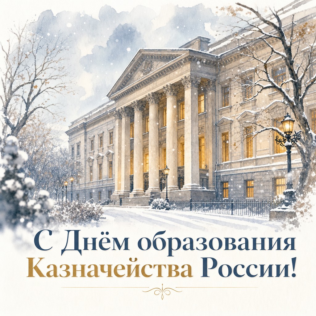 Акварельная открытка ко Дню образования российского казначейства с зимним фасадом и тёплым светом.
