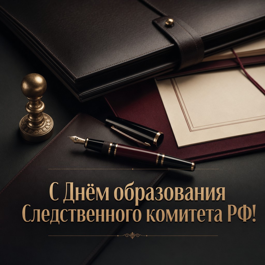 Стильная открытка к Дню образования Следственного комитета РФ с папкой дела и перьевой ручкой.