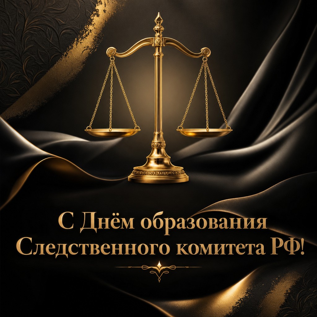 Элегантная открытка к Дню образования Следственного комитета РФ с золотыми весами правосудия.