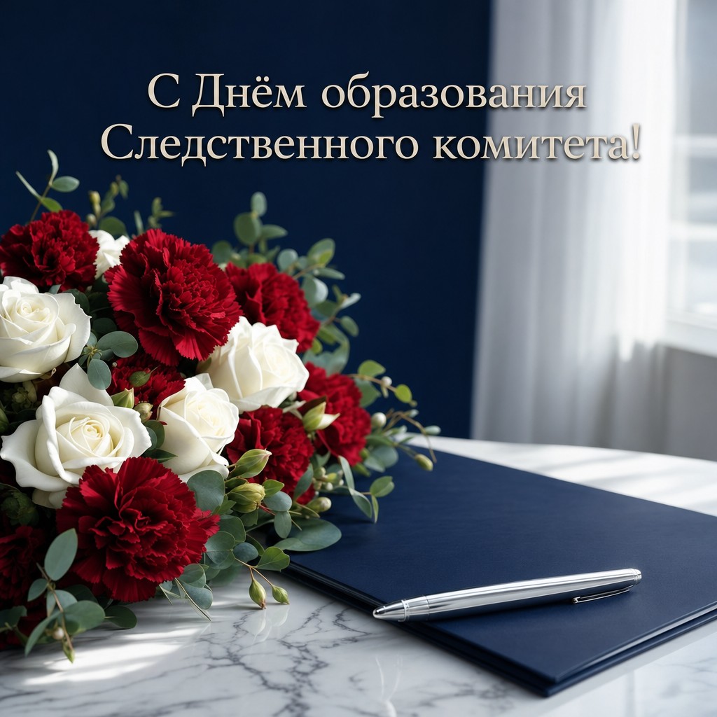 Поздравительная открытка ко Дню образования Следственного комитета РФ с гвоздиками, розами и служебной папкой.