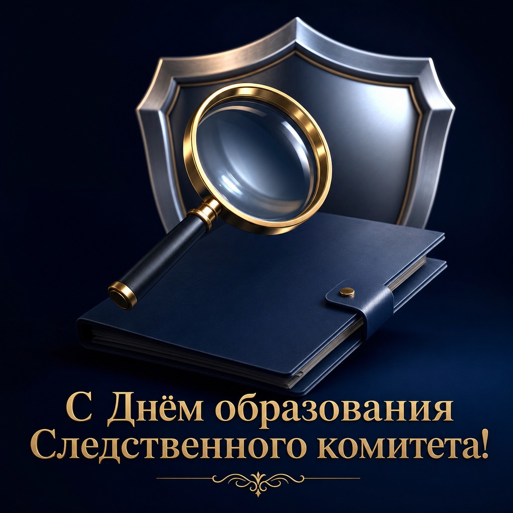 Объёмная открытка ко Дню образования Следственного комитета РФ с лупой, папкой дела и щитом.