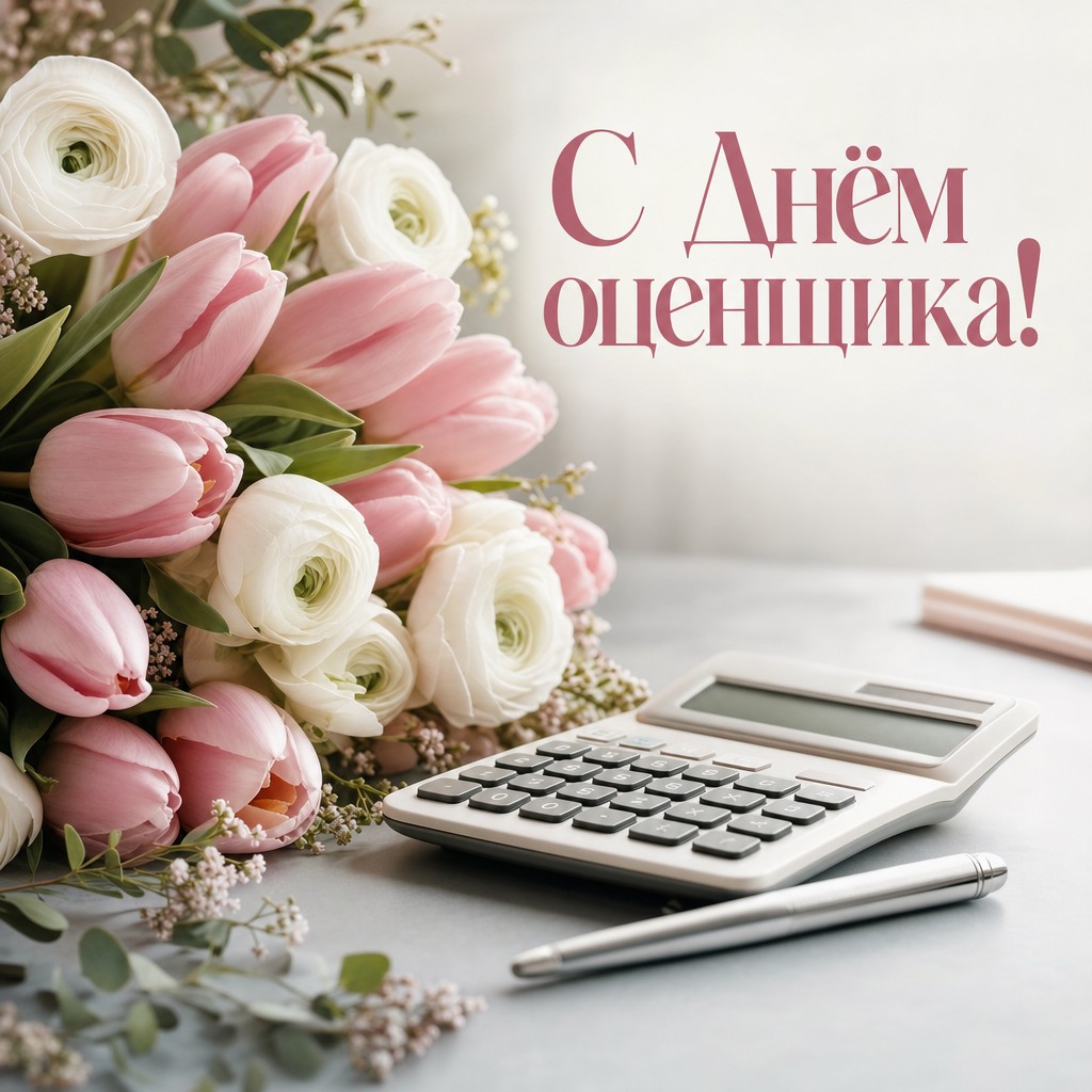 Нежная открытка на День оценщика с реалистичными цветами, калькулятором и светлой деловой композицией.