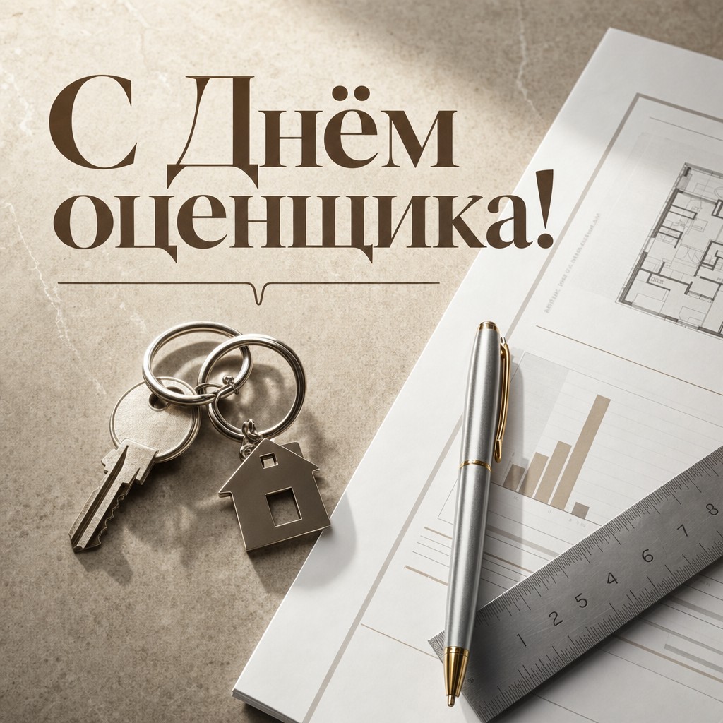 Элегантная открытка на День оценщика с ключами, отчётом и лаконичным профессиональным настроением.