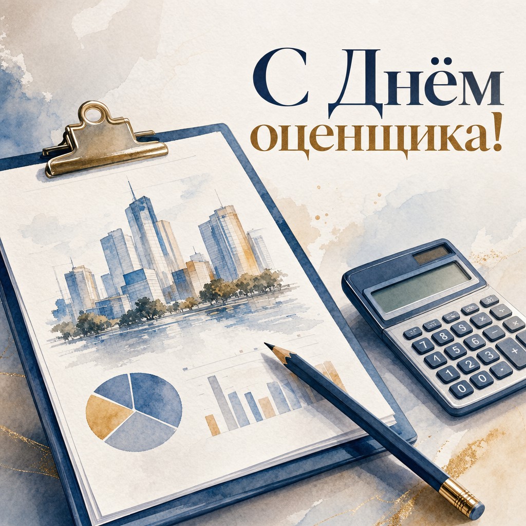 Нежная акварельная открытка на День оценщика с документами, карандашом и спокойной деловой эстетикой.