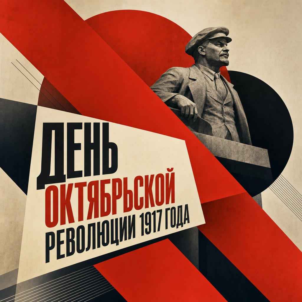 Современная открытка на День Октябрьской революции 1917 года с красно-чёрной геометрией конструктивизма.