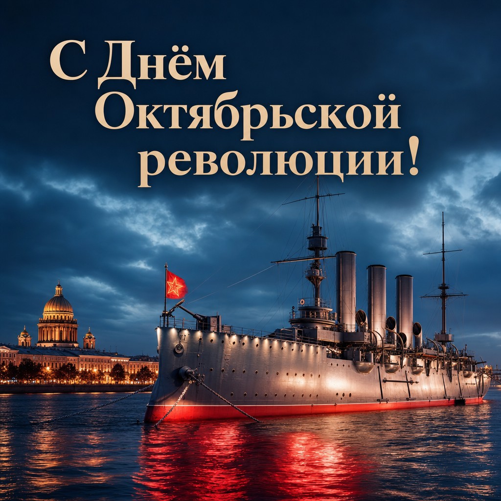 Премиальная открытка на День Октябрьской революции 1917 года с крейсером «Аврора» и вечерней Невой.
