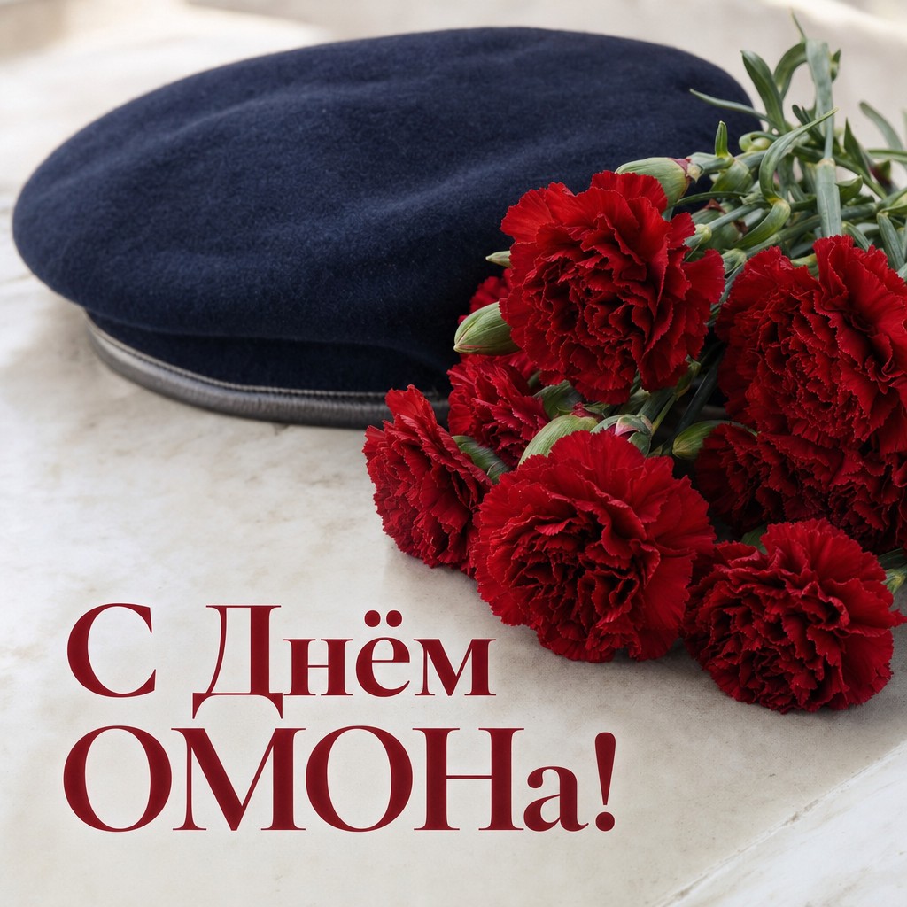 Поздравительная открытка на День ОМОН с красными гвоздиками и беретом в реалистичном стиле.