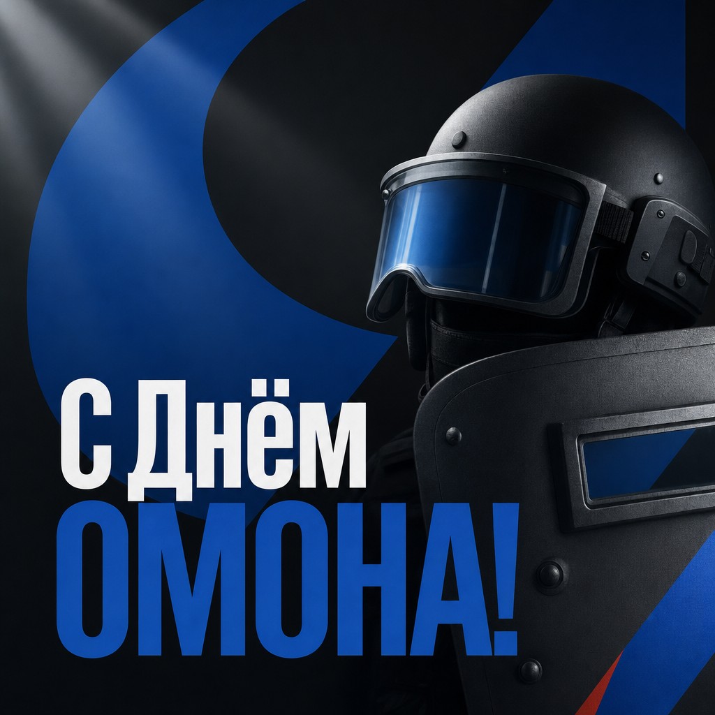 Современная графичная открытка на День ОМОН с каской, щитом и выразительной палитрой.