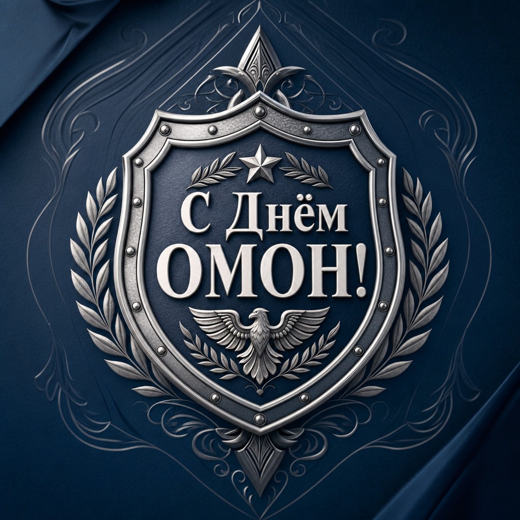 Премиальная открытка на День ОМОН с серебряным щитом на матовом синем фоне.