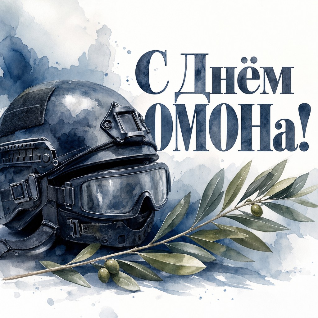 Акварельная открытка на День ОМОН со шлемом и лавровой ветвью, спокойная и уважительная.