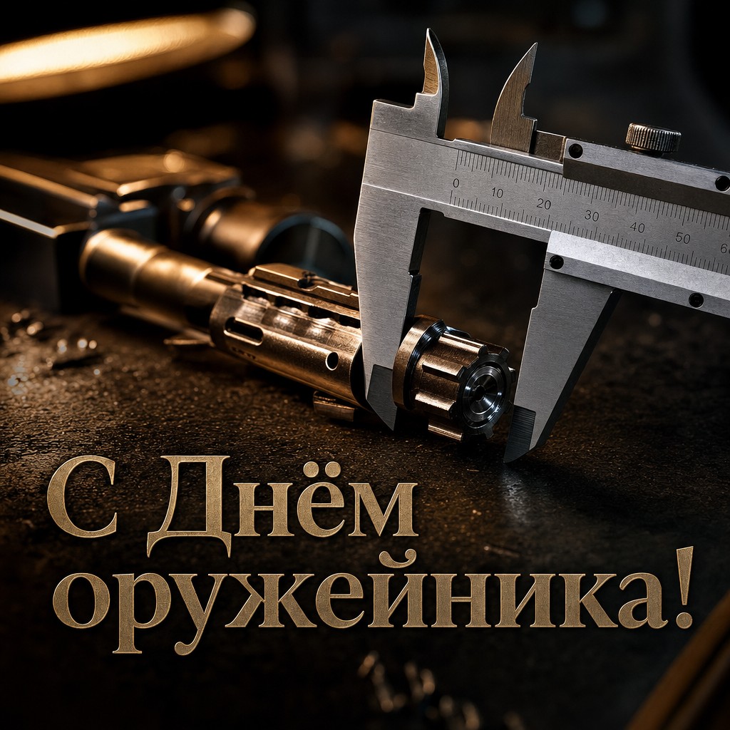 Стильная открытка на День оружейника с точным инструментом, стальной деталью и тёплым светом мастерской.