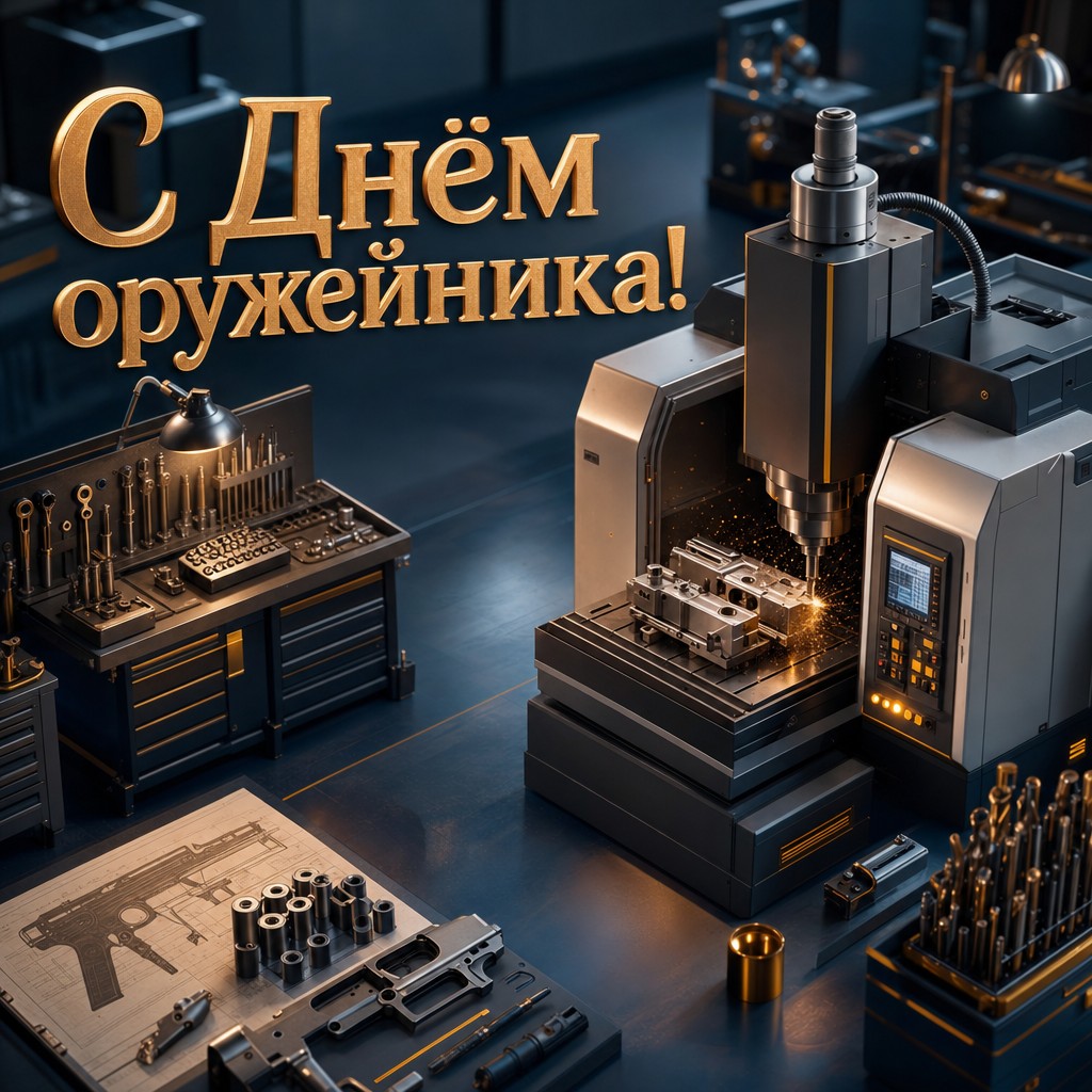 Современная 3D-открытка на День оружейника с точным станком, деталью и праздничными искрами.