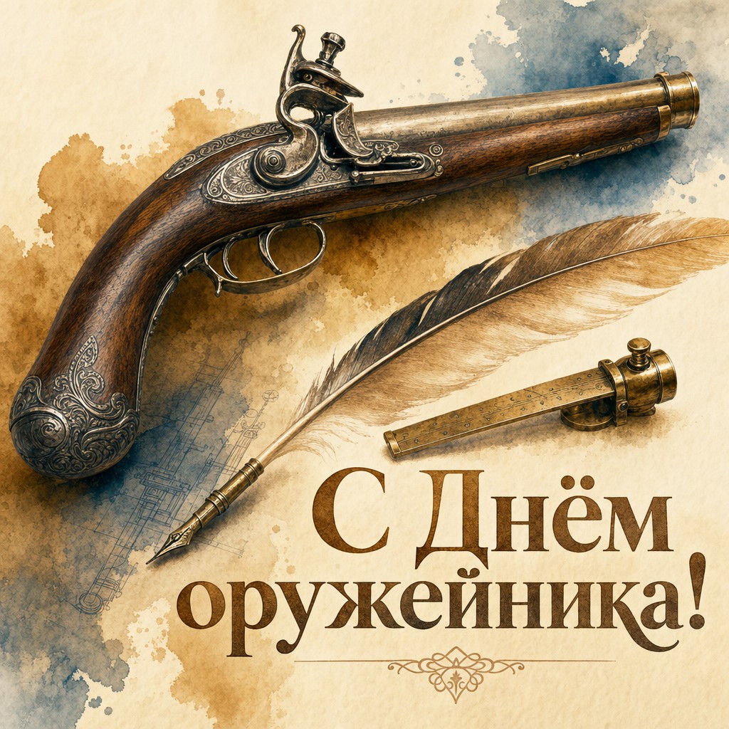 Тёплая акварельная открытка на День оружейника со старинным оружием и атмосферой ремесла.