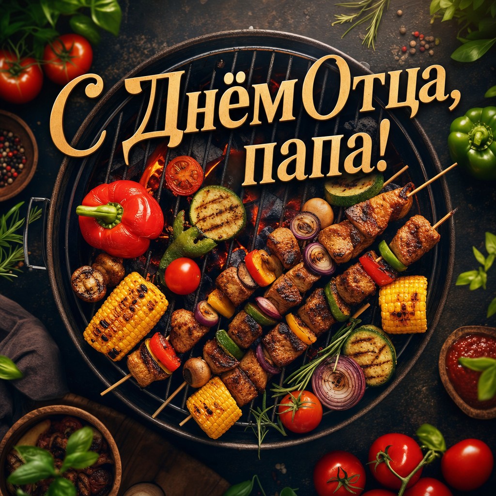 Яркая открытка на День Отца с грилем, овощами и атмосферой семейного праздника.