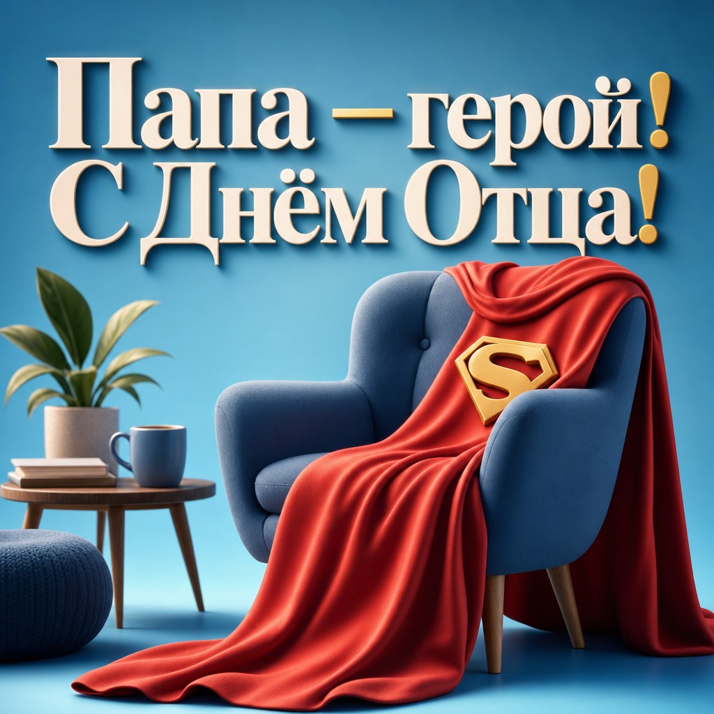 Яркая открытка на День Отца с красным плащом супергероя для самого любимого папы.