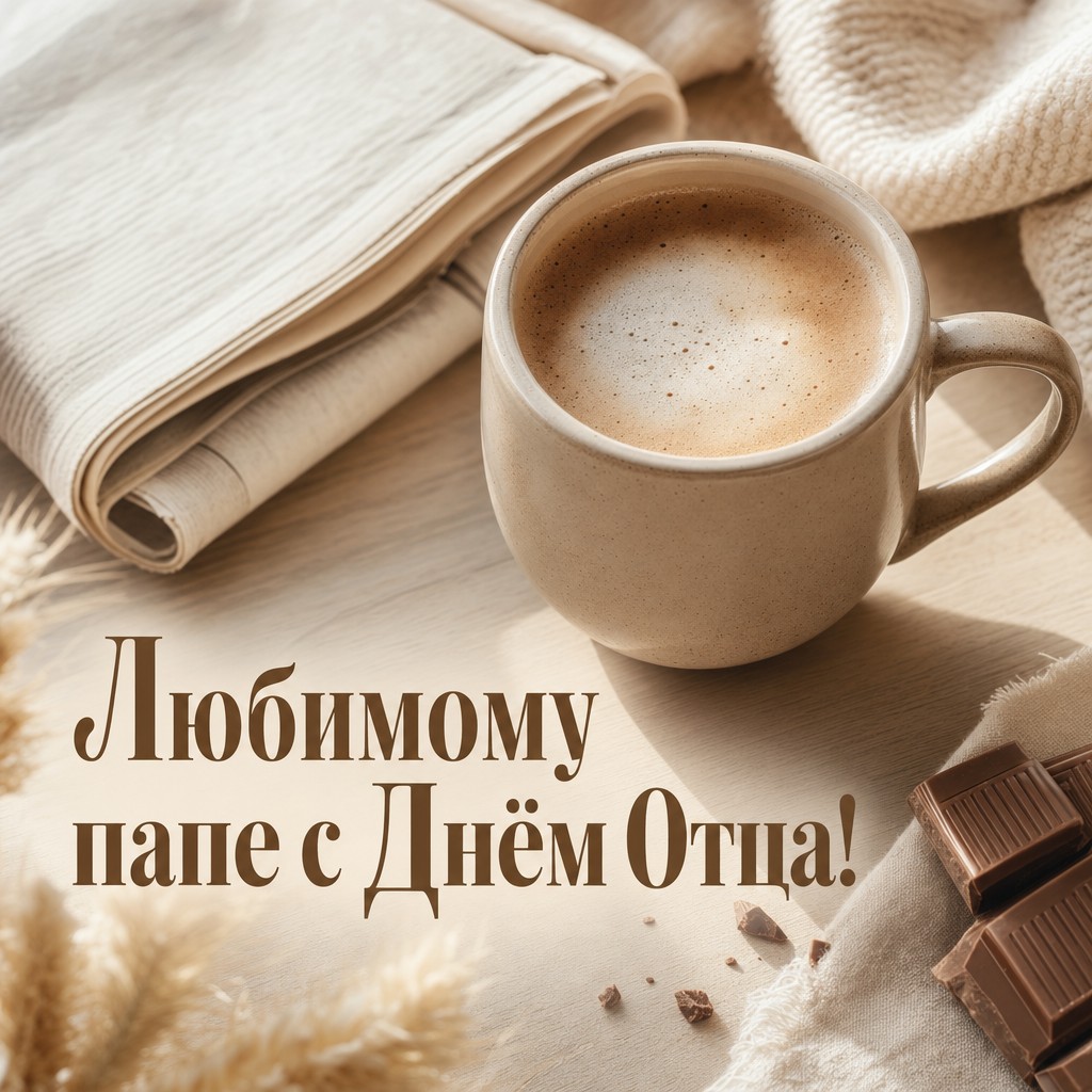 Уютная открытка на День Отца с кружкой кофе и атмосферой спокойного утра.