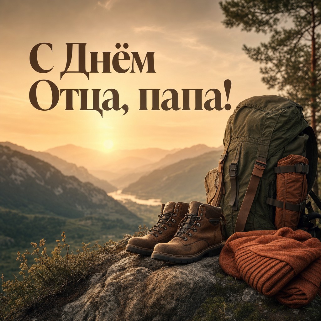Атмосферная открытка на День Отца с походным рюкзаком, ботинками и горами.