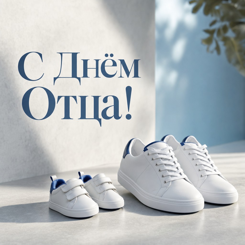Современная открытка на День Отца с взрослыми и детскими кроссовками как символом совместного пути.