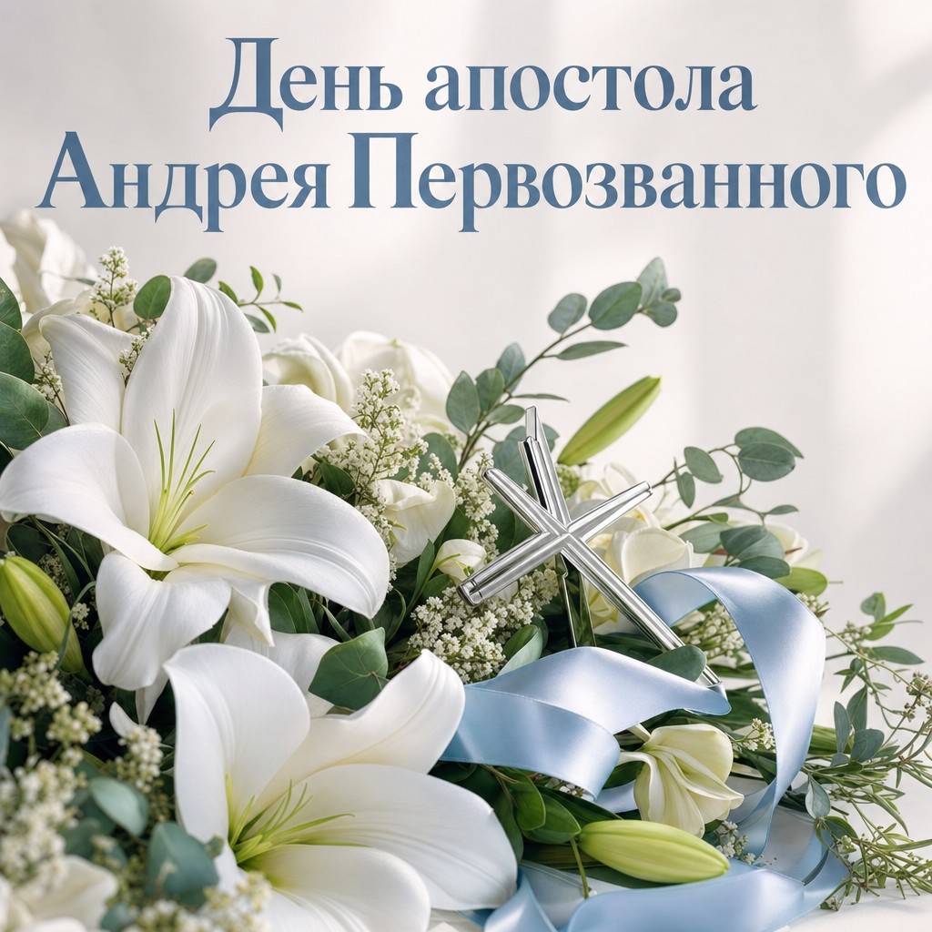 Нежная открытка на День памяти апостола Андрея Первозванного с белыми лилиями, зеленью и серебряным крестом.