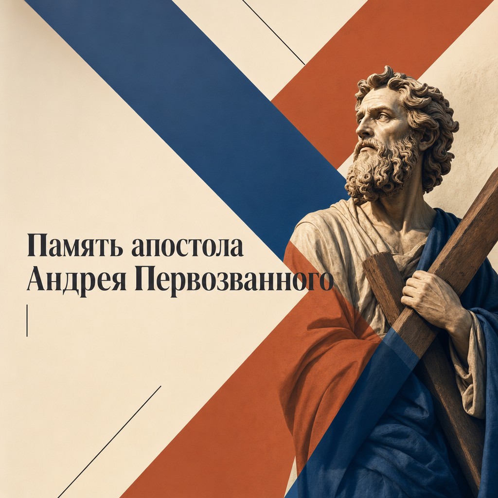 Стильная современная открытка ко Дню памяти апостола Андрея Первозванного с графическим Андреевским крестом.