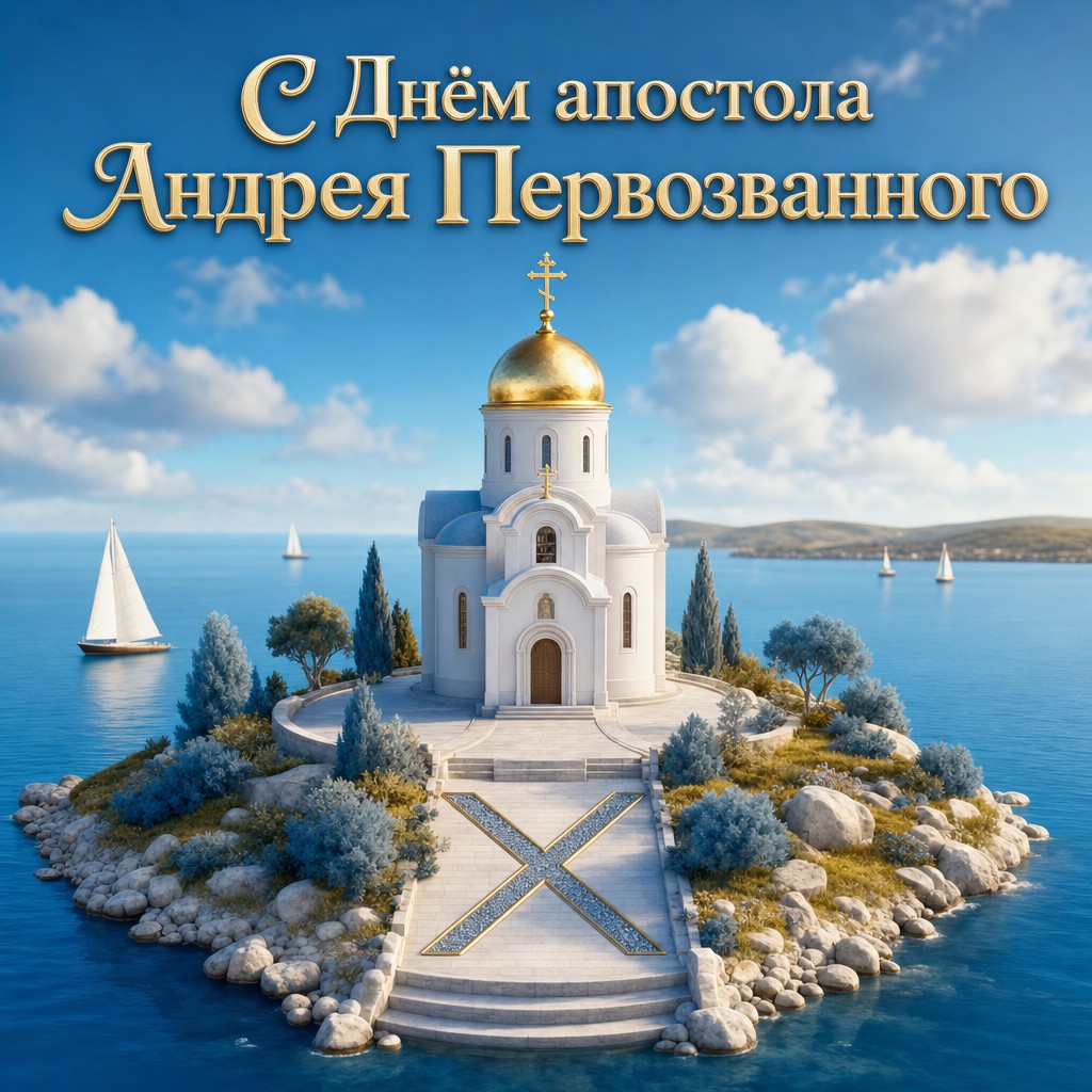 Светлая 3D-открытка на День памяти апостола Андрея Первозванного с православным храмом и спокойной водой.