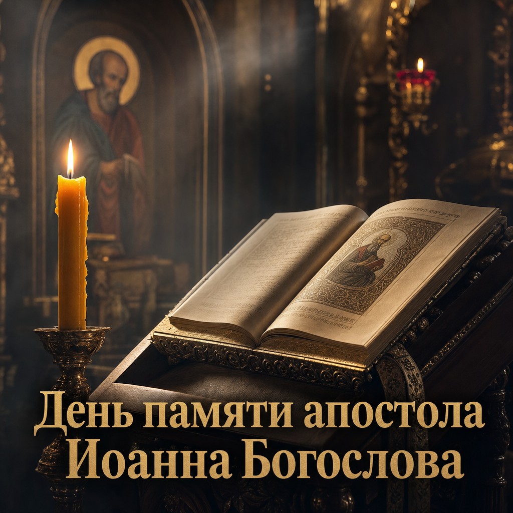Светлая православная открытка ко Дню памяти Иоанна Богослова со свечой, Евангелием и тёплым храмовым светом.