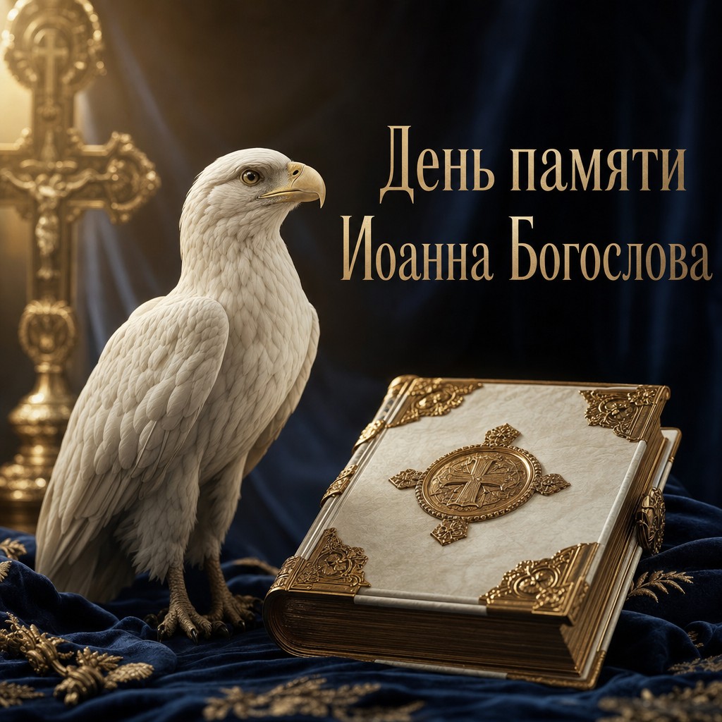 Торжественная открытка ко Дню памяти апостола Иоанна Богослова с орлом, Евангелием и золотыми акцентами.