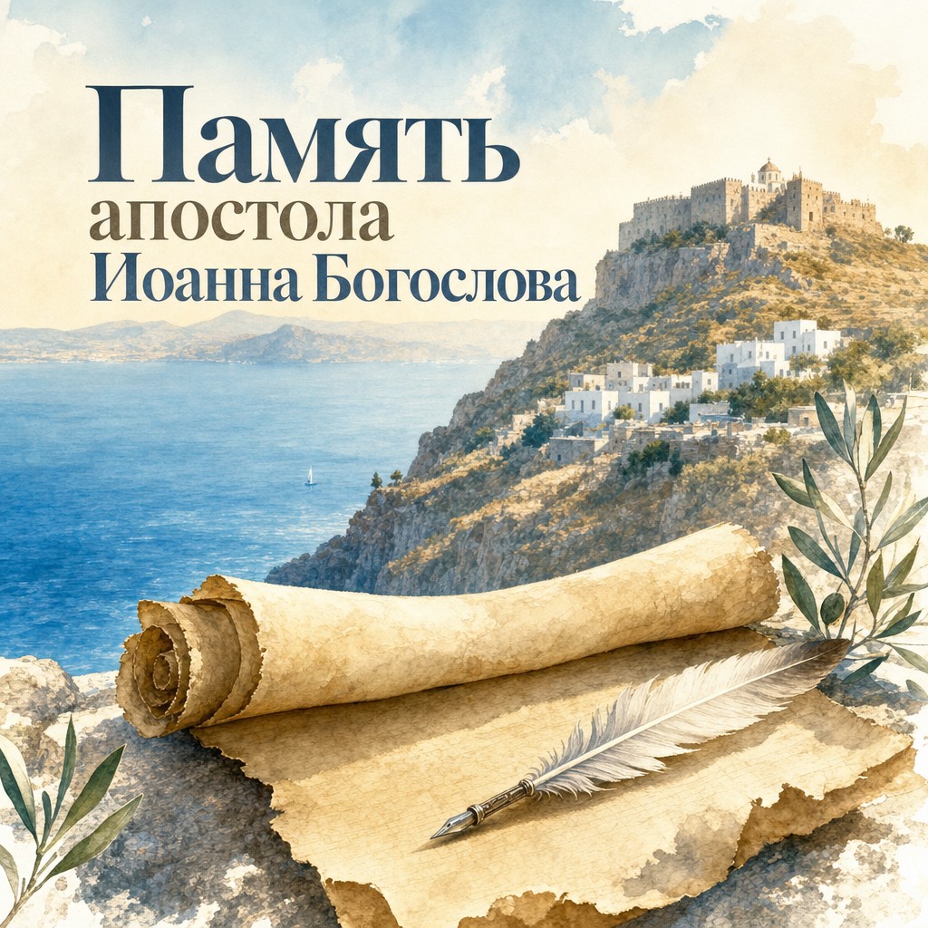 Нежная акварельная открытка ко Дню памяти Иоанна Богослова с островом Патмос, морем и свитком.