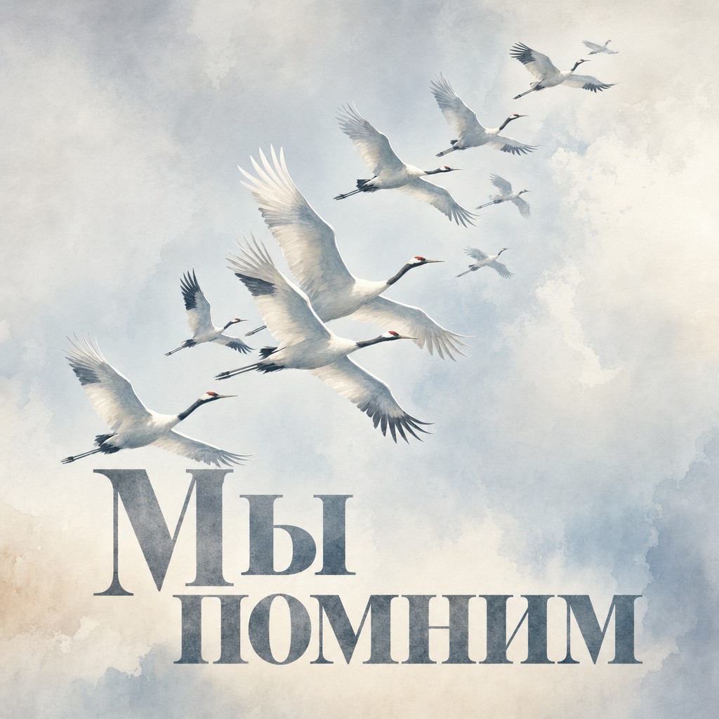 Нежная акварельная открытка на День памяти и скорби с белыми журавлями в небе.