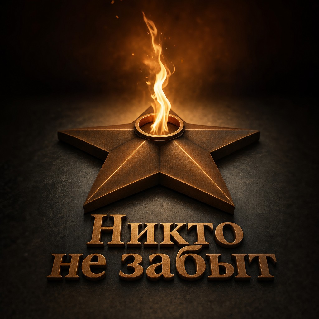 Премиальная 3D-открытка на День памяти и скорби с бронзовой звездой и мягким огненным светом.