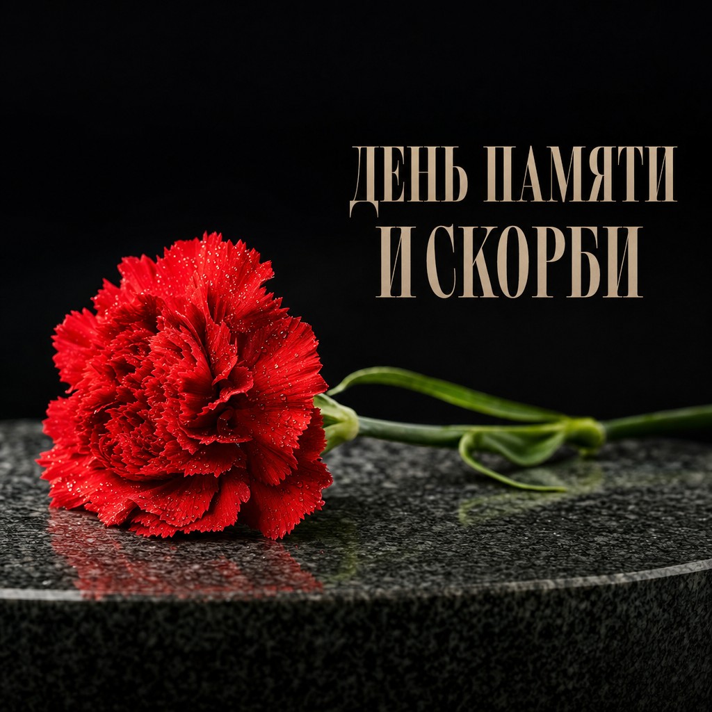 Памятная открытка с красной гвоздикой на граните для Дня памяти и скорби.