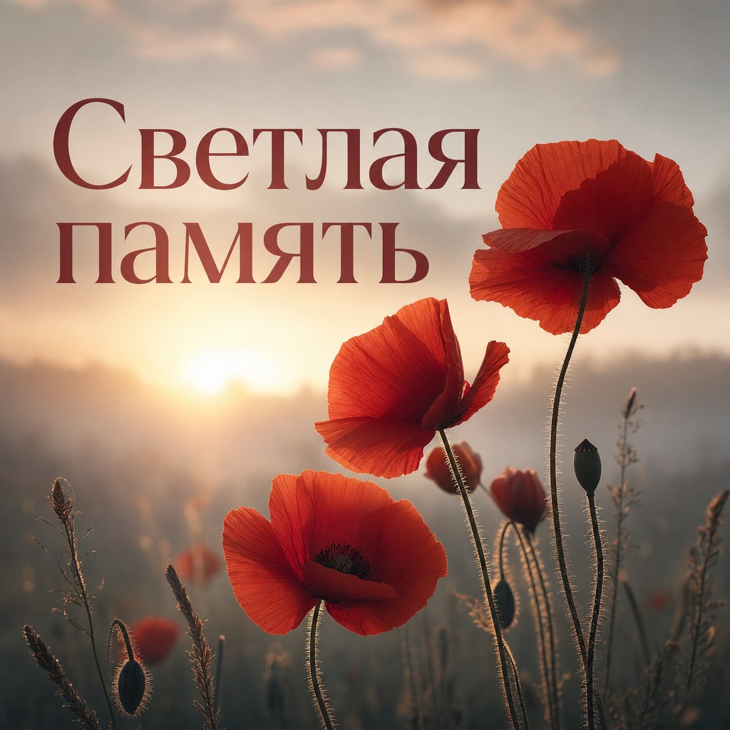 Элегантная открытка на День памяти и скорби с красными маками в рассветном тумане.