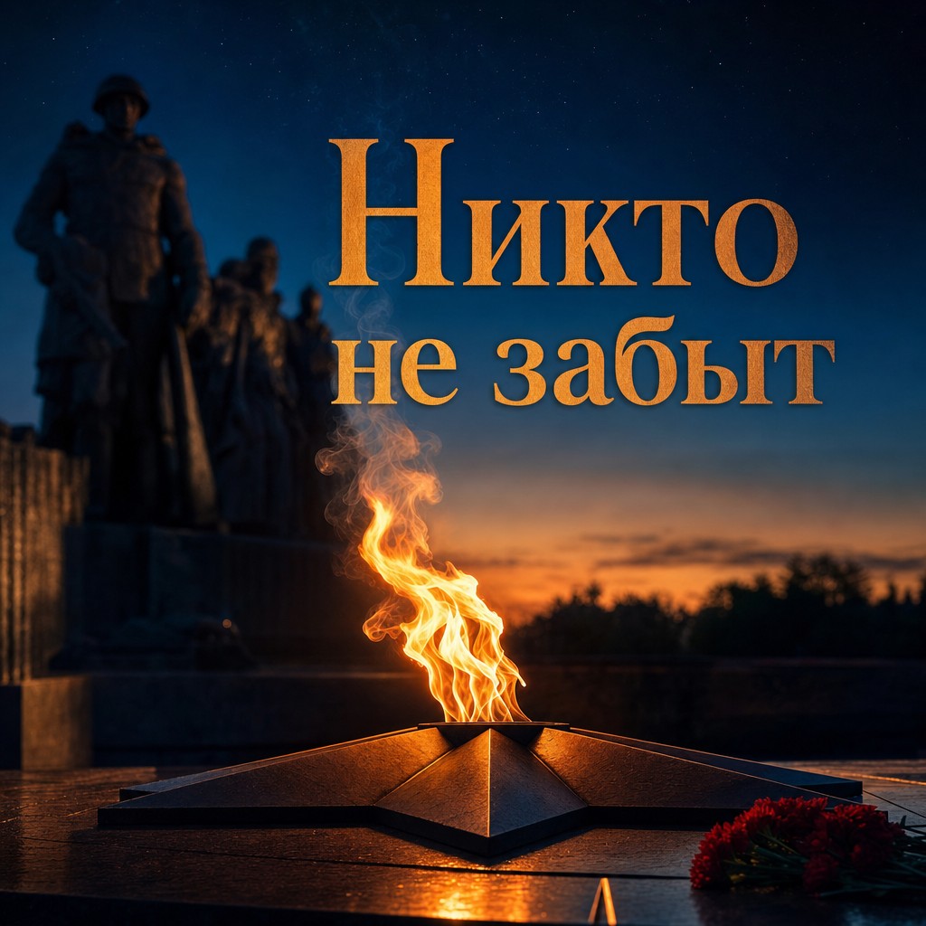 Торжественная открытка на День памяти и скорби с вечным огнём у мемориала.