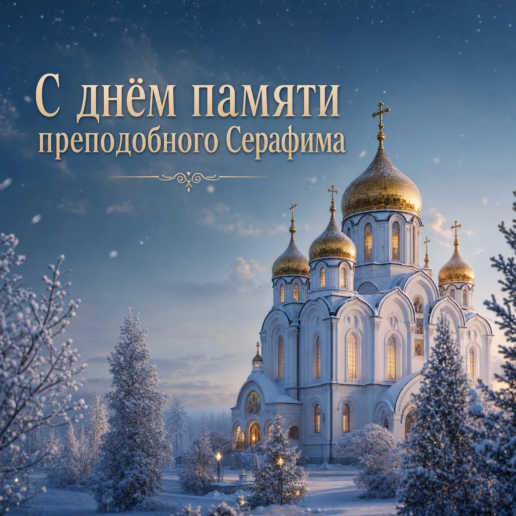 Светлая зимняя открытка ко Дню памяти преподобного Серафима Саровского с белым храмом, снегом и золотыми куполами.