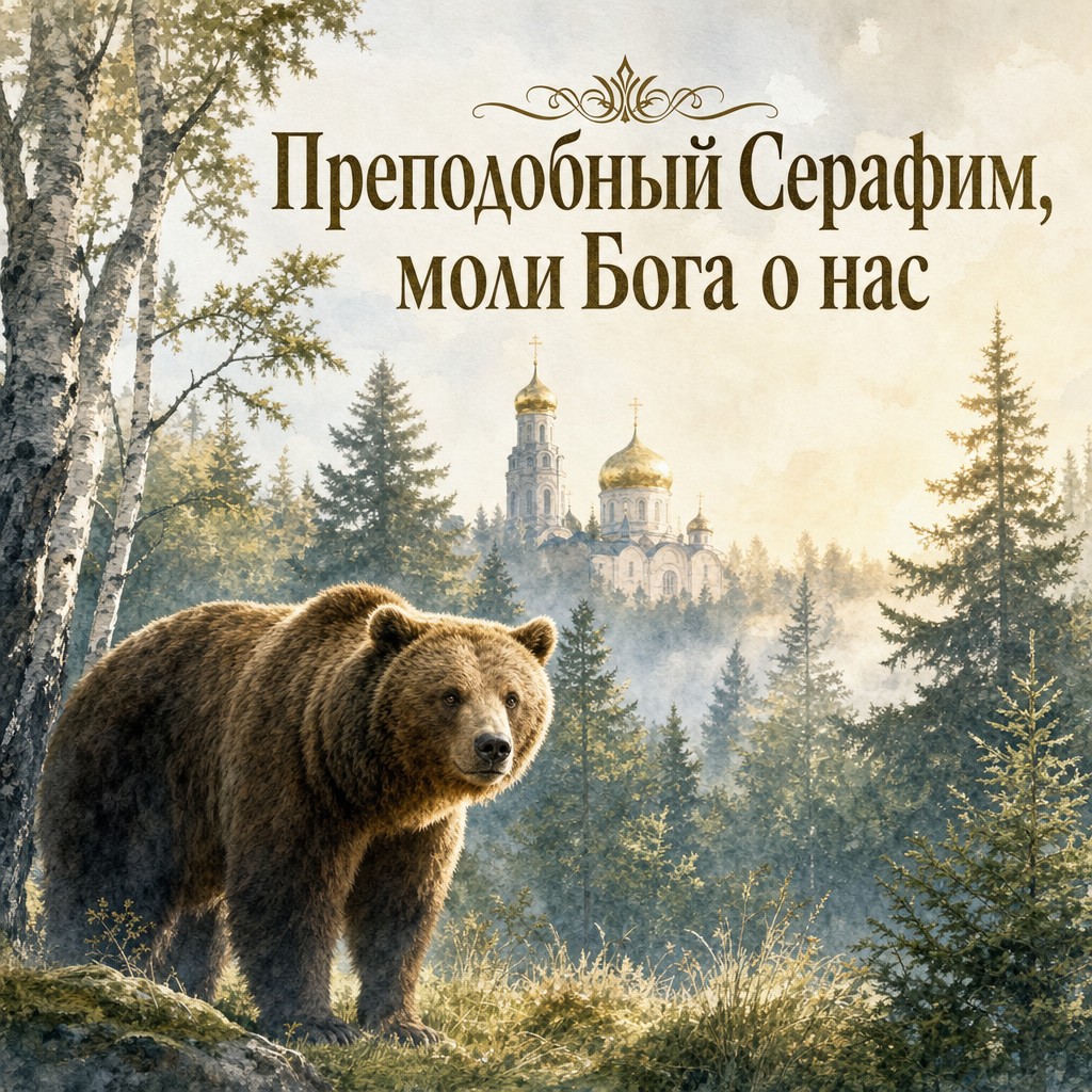 Нежная акварельная открытка ко Дню памяти преподобного Серафима Саровского с медведем и тихим сосновым лесом.