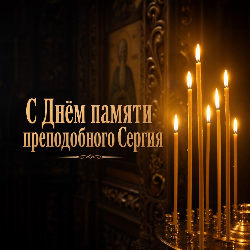 Тёплая открытка на День памяти преподобного Сергия Радонежского с горящими восковыми свечами в храме.