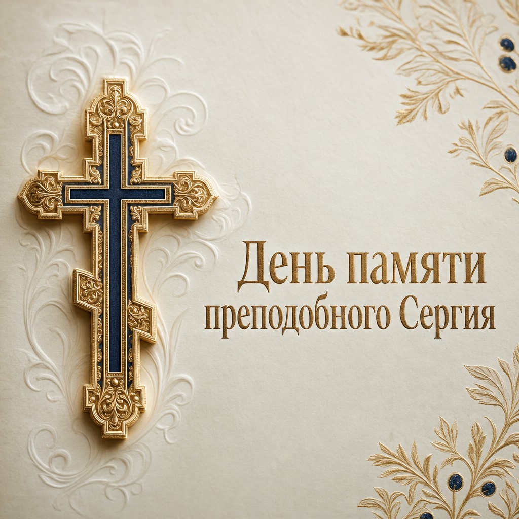 Премиальная открытка с золотым православным крестом ко Дню памяти преподобного Сергия Радонежского.