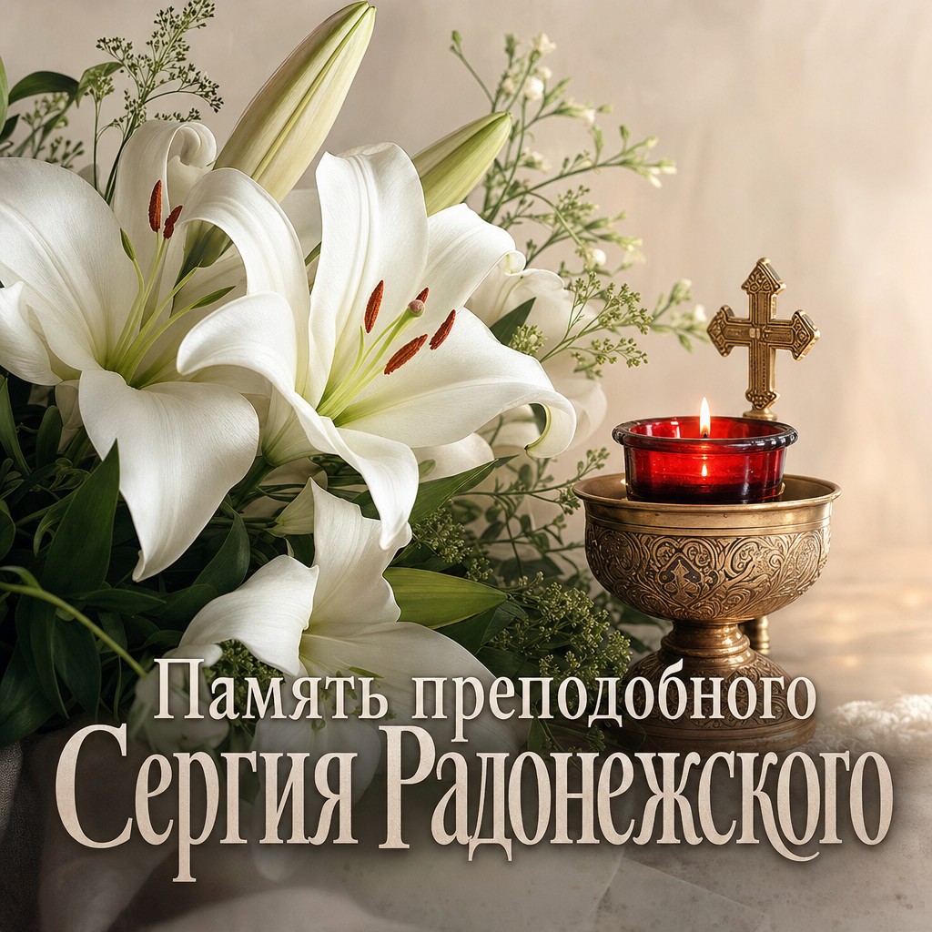 Светлая православная открытка с белыми лилиями и лампадой ко Дню памяти преподобного Сергия Радонежского.