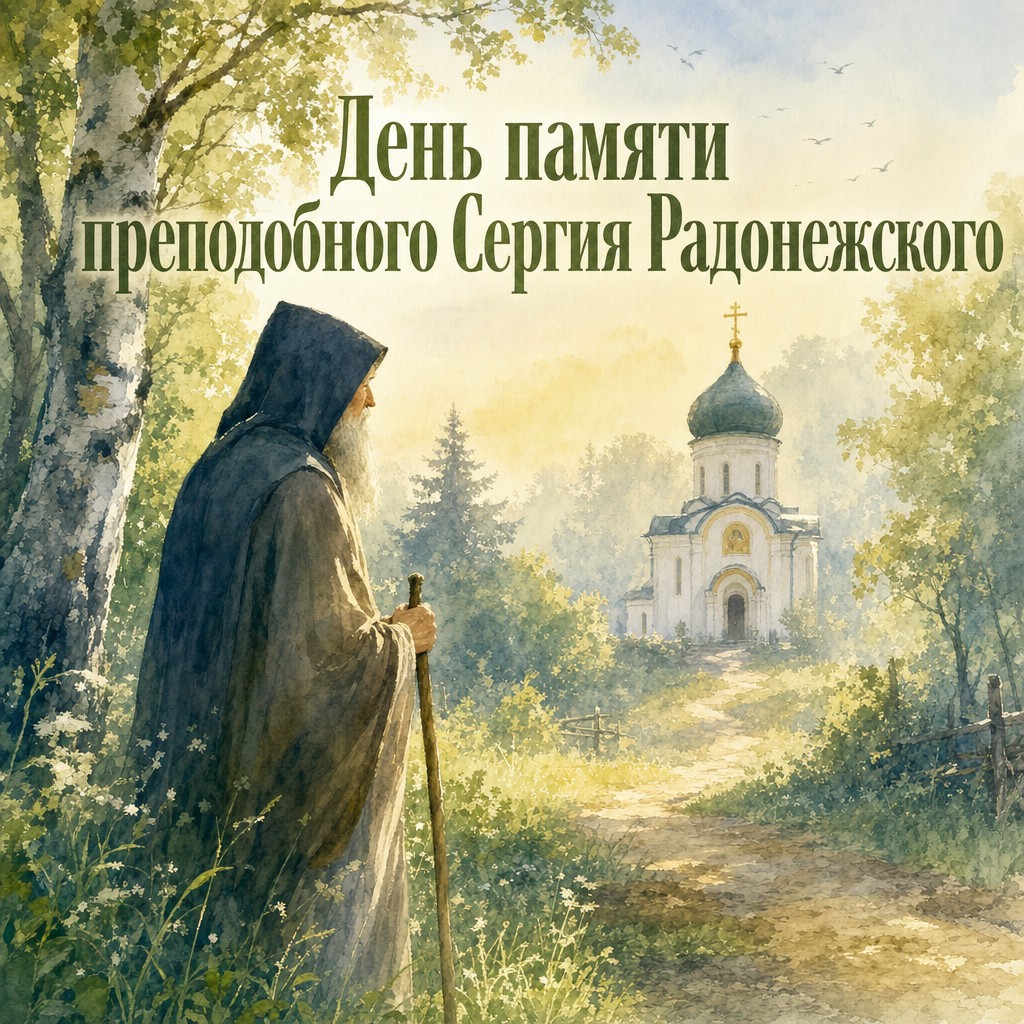 Нежная акварельная открытка с лесной тропой и часовней на День памяти преподобного Сергия Радонежского.