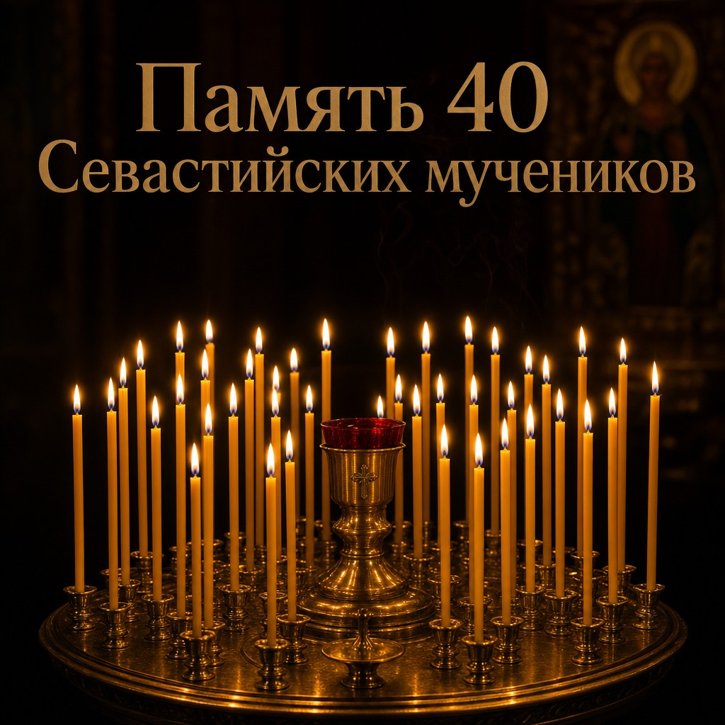 Торжественная открытка к Дню памяти сорока Севастийских мучеников с сорока тёплыми свечами в храмовой атмосфере.