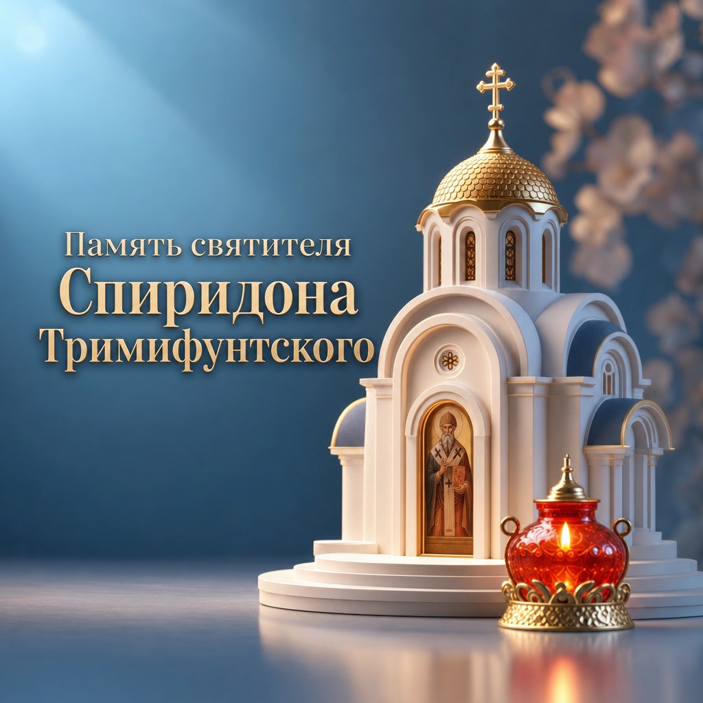 Светлая 3D-открытка ко Дню памяти святителя Спиридона Тримифунтского с часовней и лампадой.