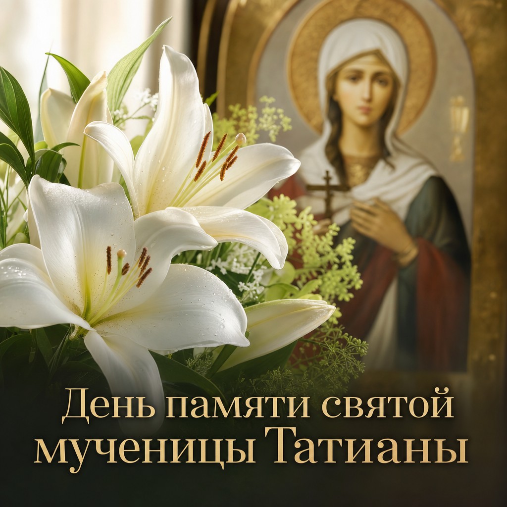 Нежная православная открытка ко Дню памяти святой мученицы Татианы с белыми лилиями и иконой.